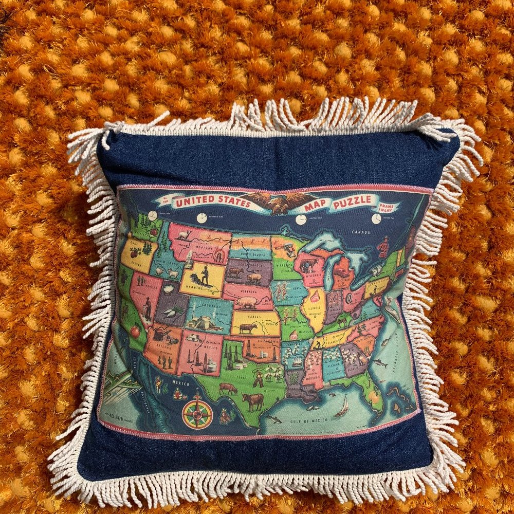 United States Map Accent Pillow - Multi-Color Fringe